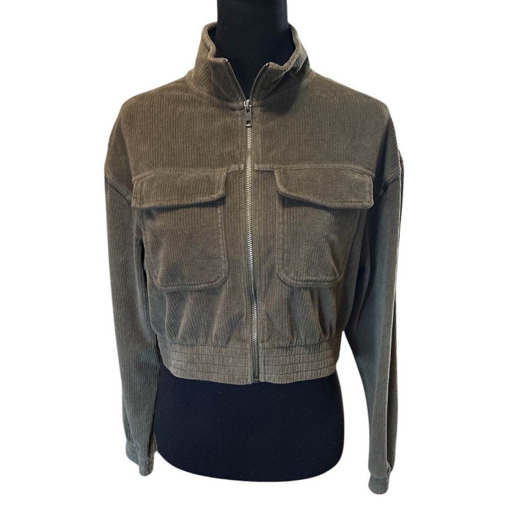 Aerie Dark Olive Green Cropped Corduroy Full Zip Utility Jacket, Small, Y2K - Picture 1 of 6